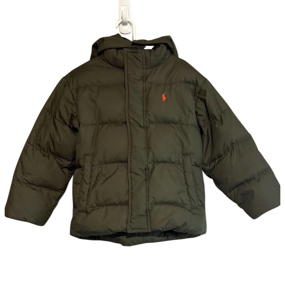Ralph Lauren Polo Boys Kids Puffer Jacket Coat Down Olive Green Winter Warm 4/4T